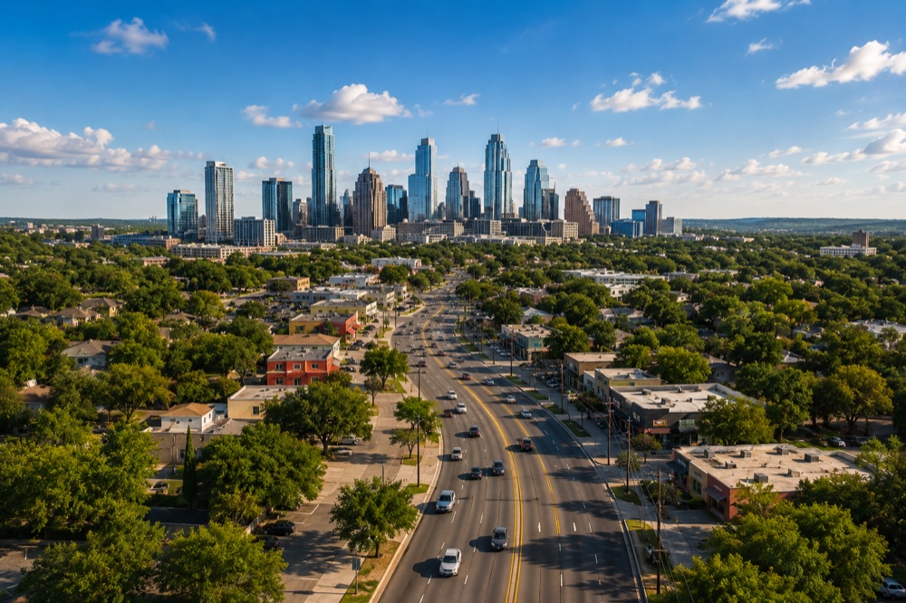 Centro de Austin: skyline al atardecer con avenida arbolada